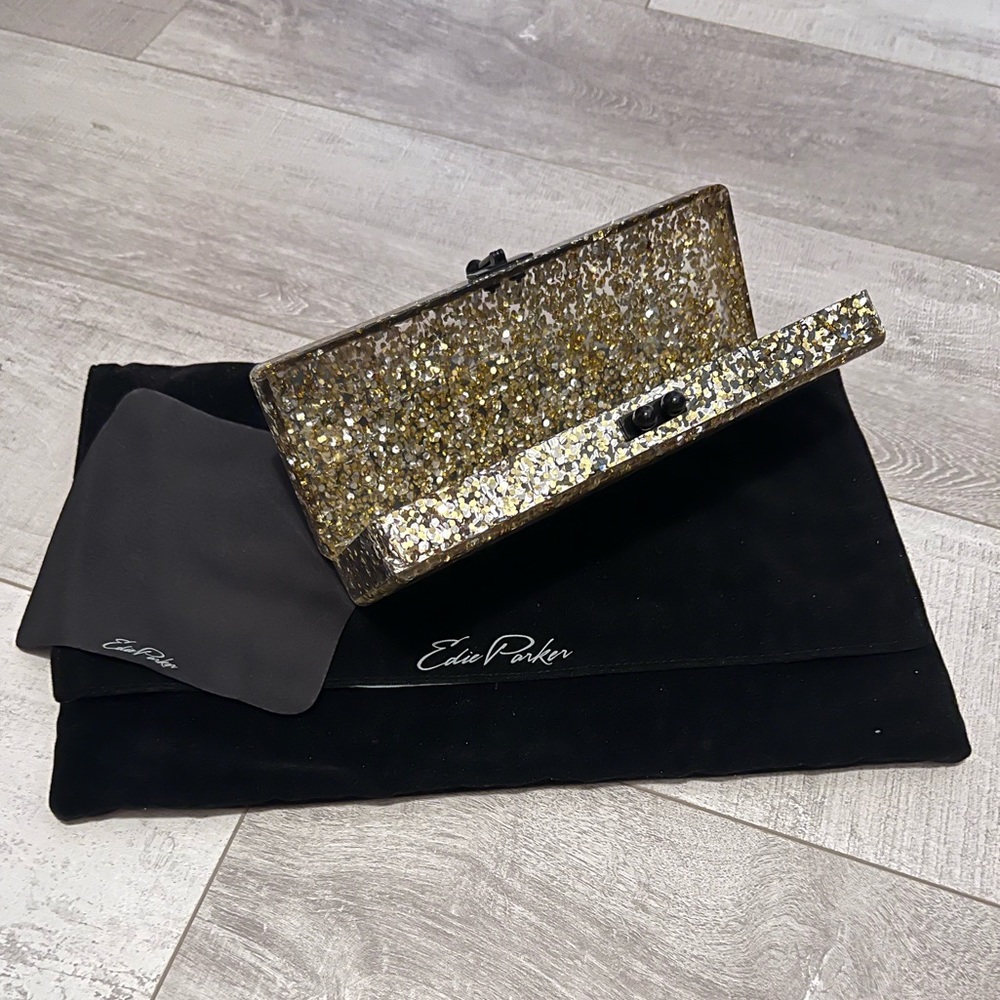 Edie Parker gold & silver confetti acrylic box clutch